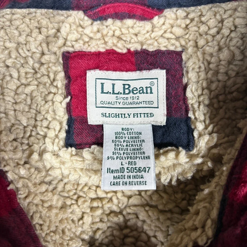 LL Bean Sherpa Lined Scotch Plaid Flannel Shirt Jacket Mens XL Red Buffalo Snap